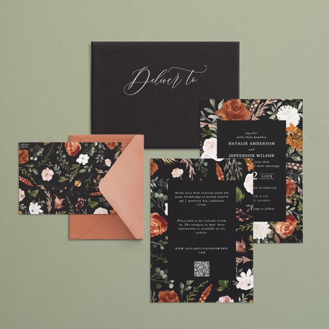 Invitation Budget noir terracotta floral mariage détails  (Créateur téléchargé)