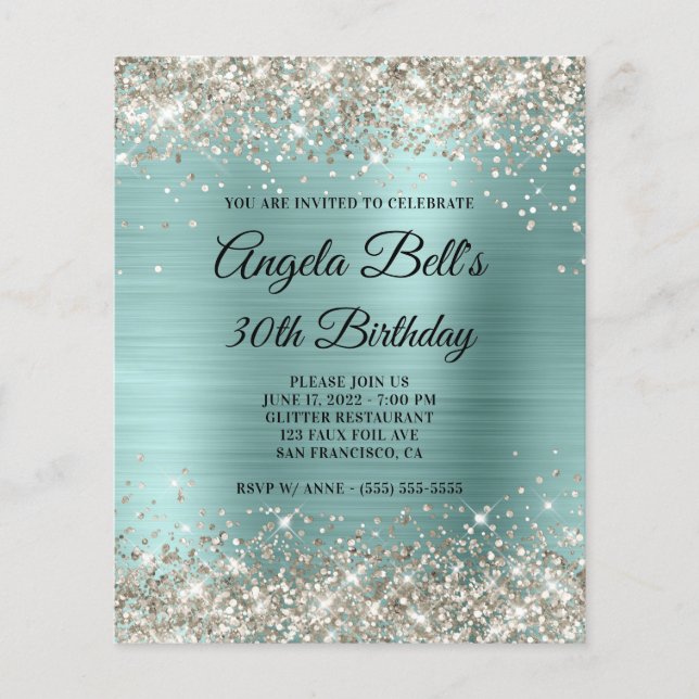 Invitation Budget Pailleté Platine Turquoise Clair (Devant)