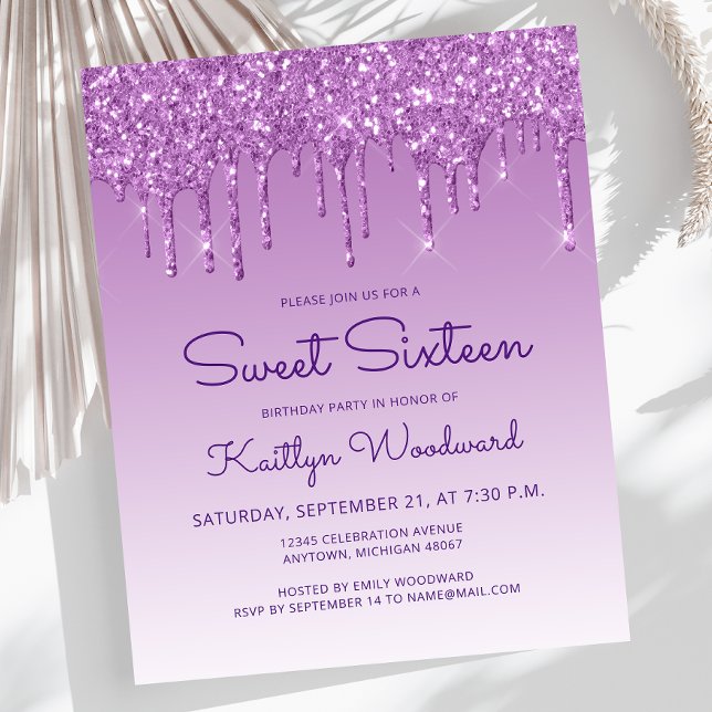 Invitation Budget Pailleté Violet Sweet 16 (Créateur téléchargé)