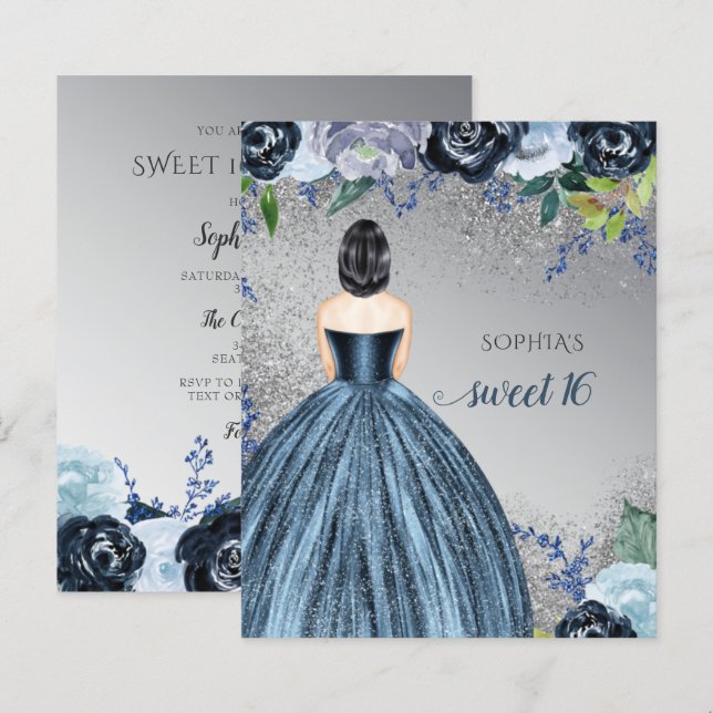 Invitation Budget Paillettes Robe Bleue Sweet 16 (Devant / Derrière)