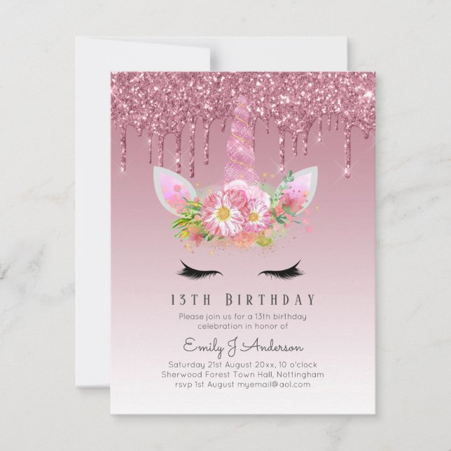 Invitation BUDGET Parties scintillant rose Unicorn Filles Inv (Devant)