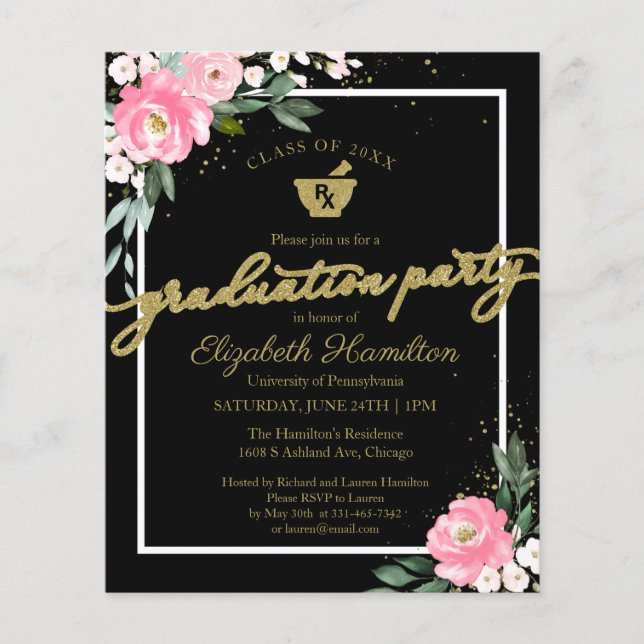 Invitation Budget Pharmacy Grad Party Floral Noir (Devant)
