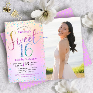 Invitation Budget Photo Sweet 16 Paillettes Arc-en