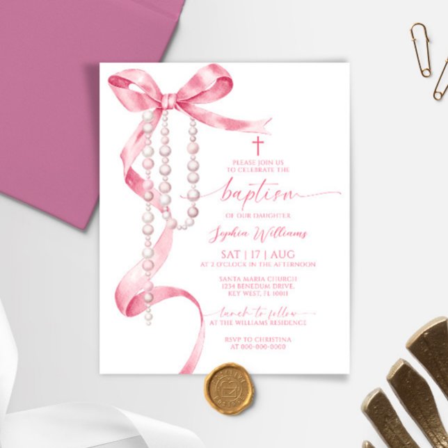 Invitation Budget Pink Bow & Rosary Baptism (Créateur téléchargé)