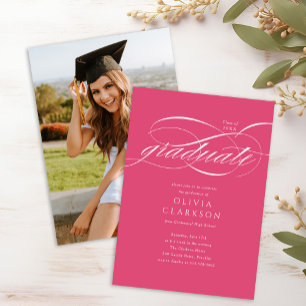 Invitation Budget Pink Élégant Script Photo Graduation Party