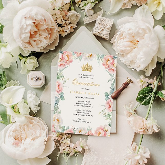Invitation Budget Pink Gold Floral Quinceañera (This pink floral quinceanera invitation with gold crown is an elegant way to announce your party)