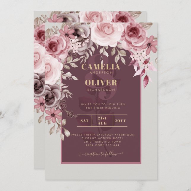 Invitation BUDGET Pink Maroon vin Floral Mariage INVITE (Devant / Derrière)