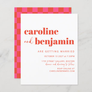 Invitation Budget Pink Red Simple Checkerboard Wed