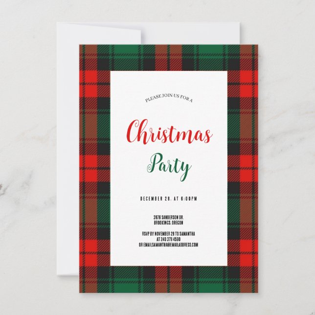 Invitation Budget Plaid Retro Script rouge et vert Noël  (Devant)
