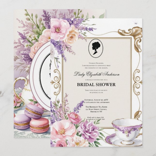 Invitation Budget Purple Florals Bridgerton Bridal Shower (Devant / Derrière)