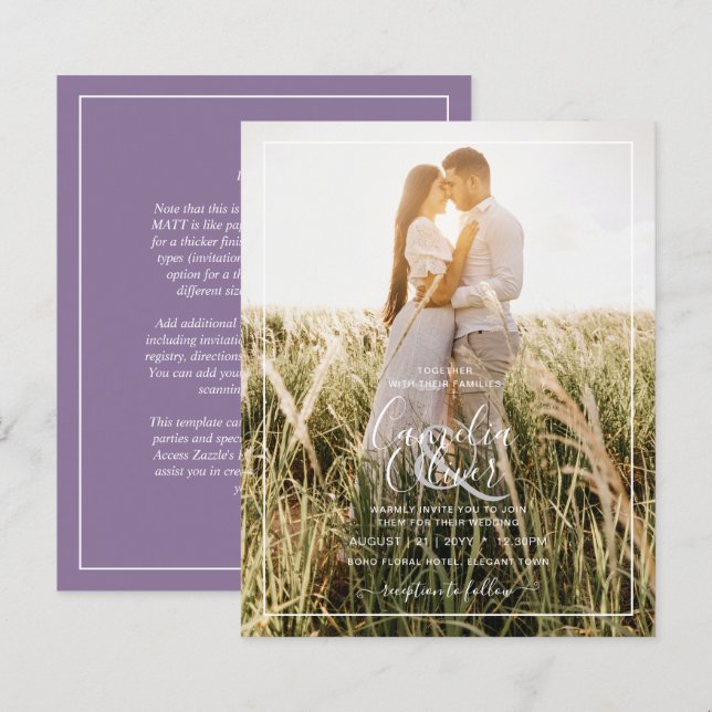 Invitation Budget Purple Mariage Photo Overlay (Devant / Derrière)