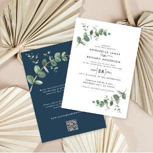 Invitation Budget QR code marine bleu simple feuille Eucalypt