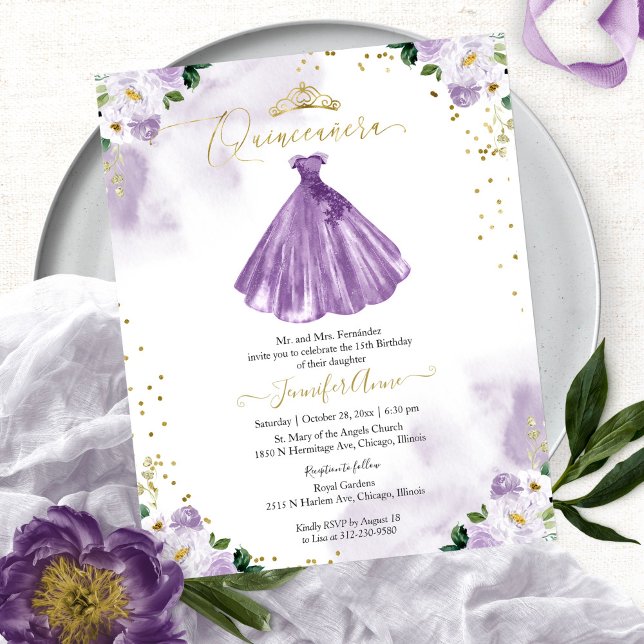 Invitation budget Quinceanera Robe florale violett (Créateur téléchargé)