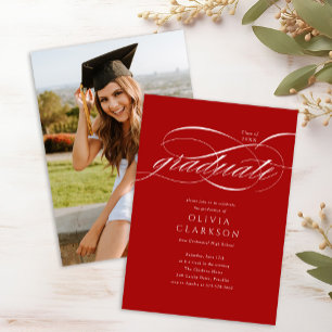 Invitation Budget Red Elegant Script Photo Graduation Party