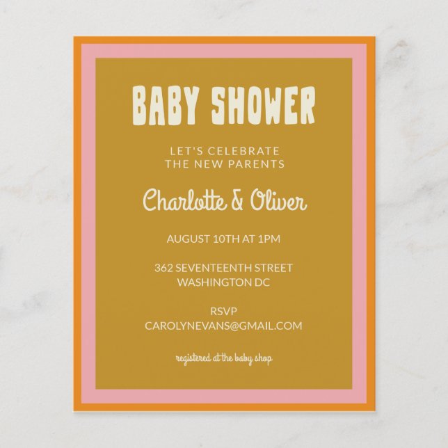 Invitation Budget Retro Pink Yellow Baby shower (Devant)