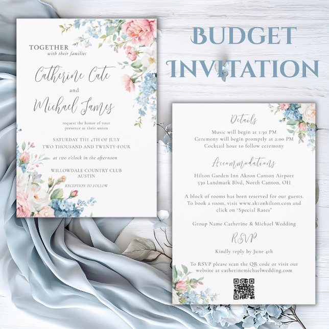 Invitation Budget Rose & Bleu Floral Mariage élégant (Créateur téléchargé)