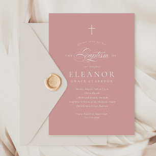 Invitation Budget Rose Girl Elegant Cross Calligraphie Baptêm