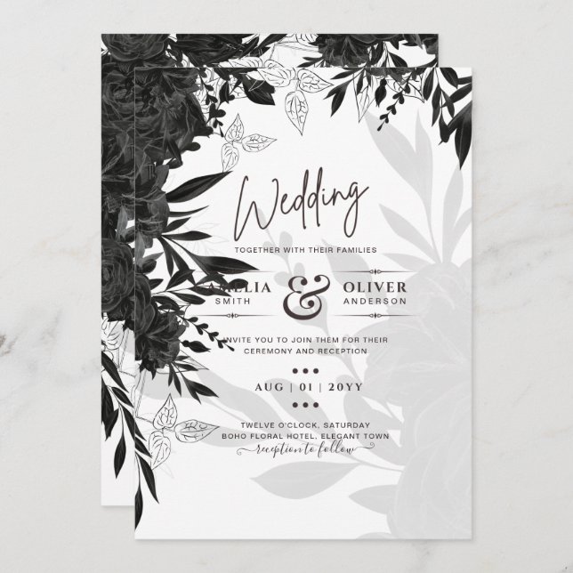 Invitation BUDGET Roses noirs Élégant Mariage blanc Invitatio (Devant / Derrière)