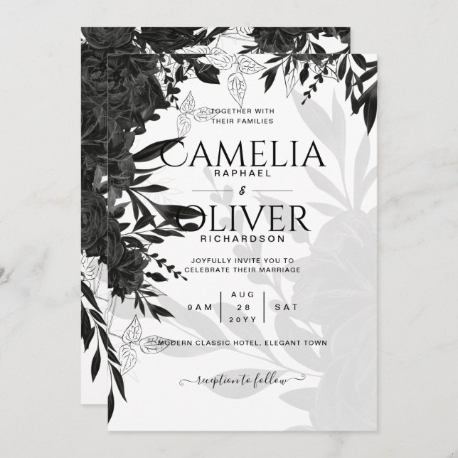 Invitation BUDGET Roses noirs Élégant Mariage blanc Invitatio (Devant / Derrière)