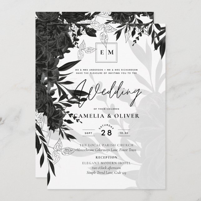 Invitation BUDGET Roses noirs Élégant Mariage blanc Invitatio (Devant / Derrière)