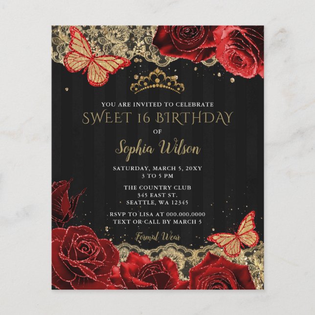 Invitation Budget Roses Rouges Or Noir Sweet 16 (Devant)
