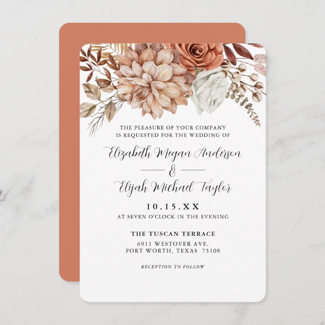 Invitation Budget Rust Terracotta Chute Mariage Floral (Devant / Derrière)