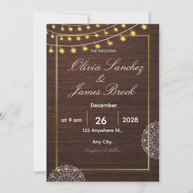 Invitation Budget Rustic String Lights and wood wedding  (Devant)