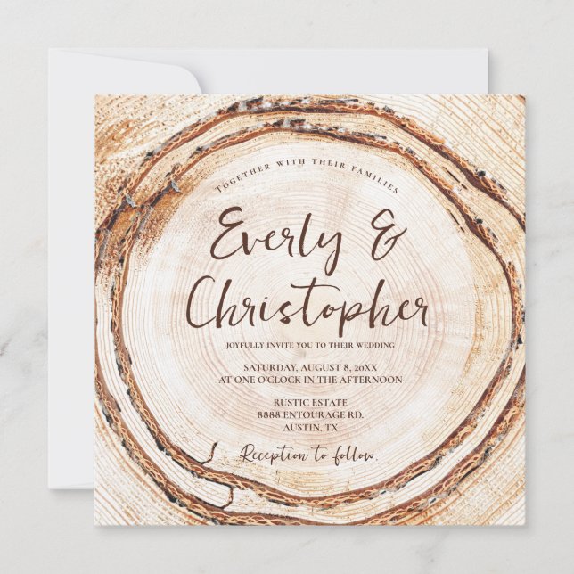 Invitation Budget Rustique Mariage coupe bois tranche personn (Devant)