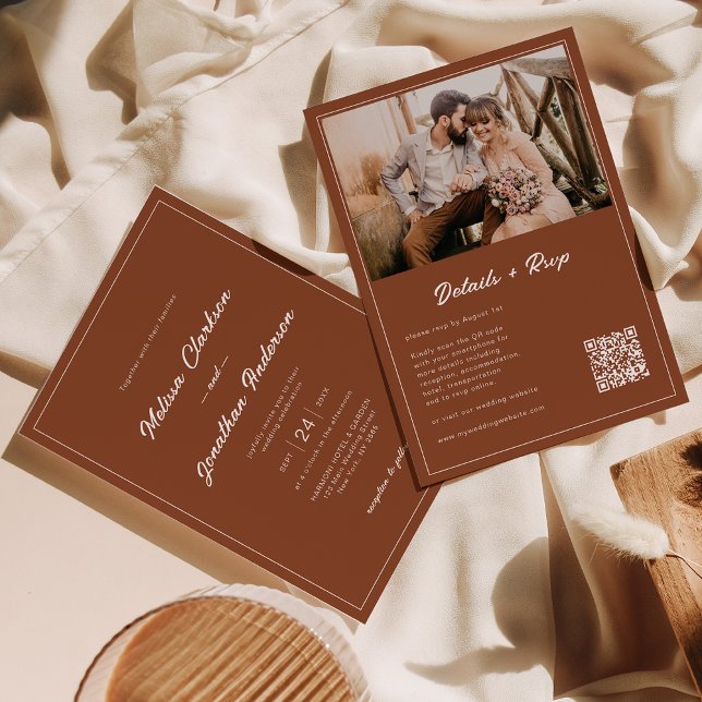 Invitation Budget Rustique Terracotta Photo QR Code Mariage (Créateur téléchargé)