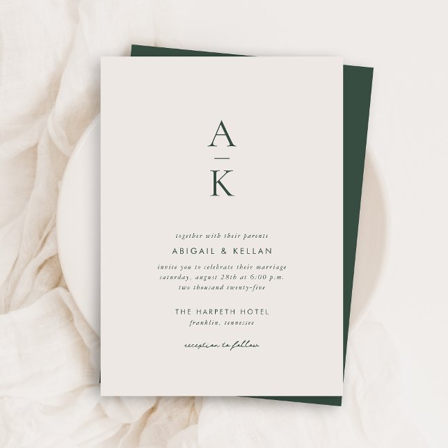Invitation Budget Simple Moderne Crème Vert Monogramme Mariag (Créateur téléchargé)