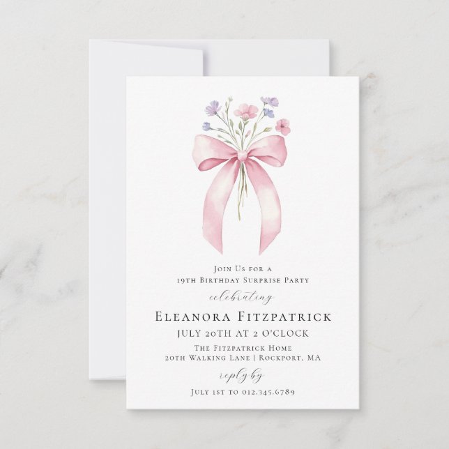 Invitation BUDGET SURPRISE PARTY 19e anniversaire Bow Invitat (Devant)