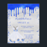 Invitation budget Sweet 16 bleu roi argent<br><div class="desc">Un fond qui ressemble à de l'argent faux. Décoré avec un effet de peinture bleue royale qui goutte,  des paillettes. Personnalisez et ajoutez un nom et les détails de la fête. Le nom est écrit avec un style de lettrage manuscrit.</div>
