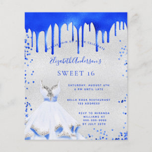 Invitation budget Sweet 16 bleu roi argent