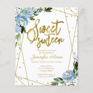 Invitation Budget Sweet 16 Fleurie Bleu Poussiéreu