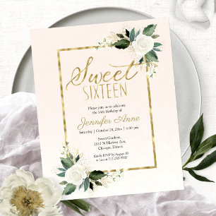 Invitation Budget Sweet 16 Fleurs Blush Blanc