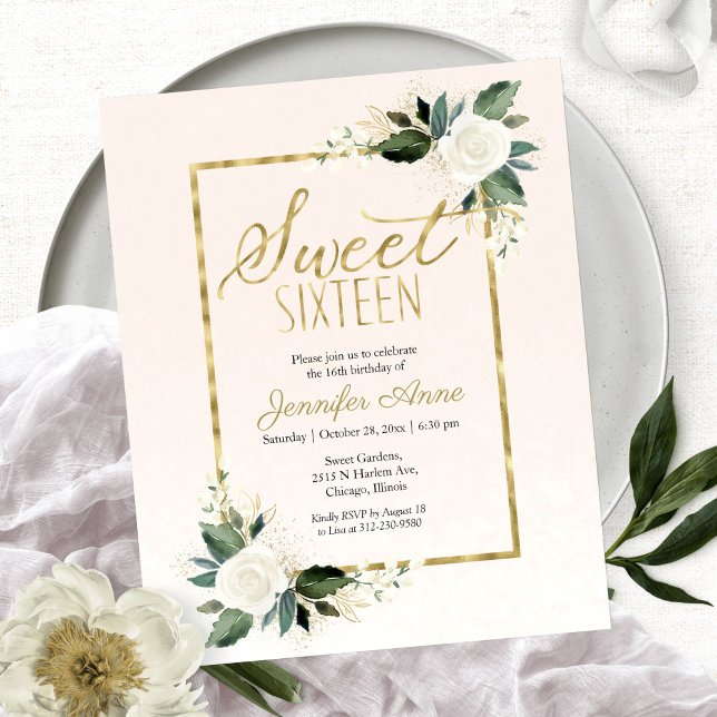Invitation Budget Sweet 16 Fleurs Blush Blanc (Créateur téléchargé)