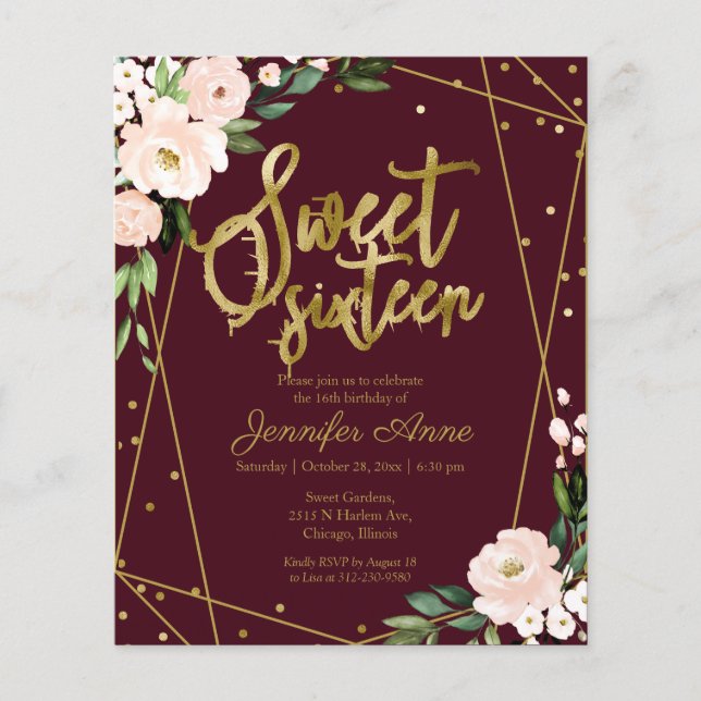 Invitation Budget Sweet 16 Fleurs Bourgogne Or (Devant)