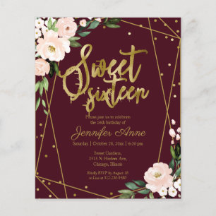 Invitation Budget Sweet 16 Fleurs Bourgogne Or