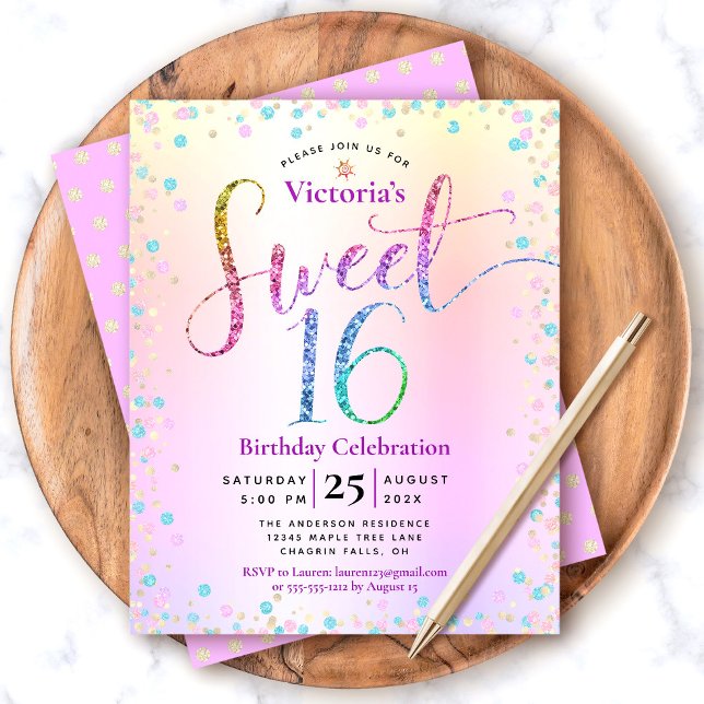 Invitation Budget Sweet 16 Pailleté Dégradé Arc-en (Créateur téléchargé)
