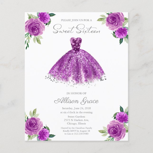 Invitation Budget Sweet 16 Robe Argent Violet (Devant)