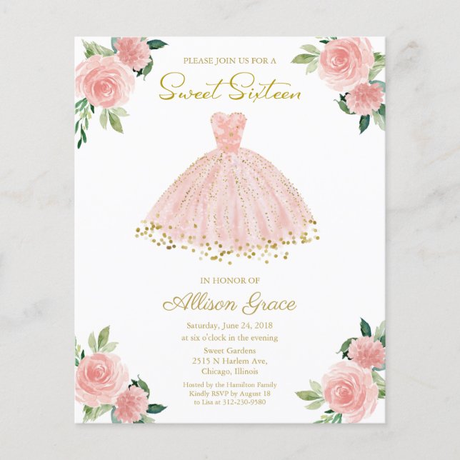 Invitation Budget Sweet 16 Robe Dorée Rose Pâle (Devant)