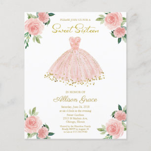 Invitation Budget Sweet 16 Robe Dorée Rose Pâle