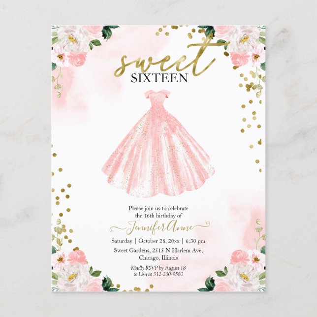 Invitation Budget Sweet 16 Robe Fleurie Rose Blush (Devant)