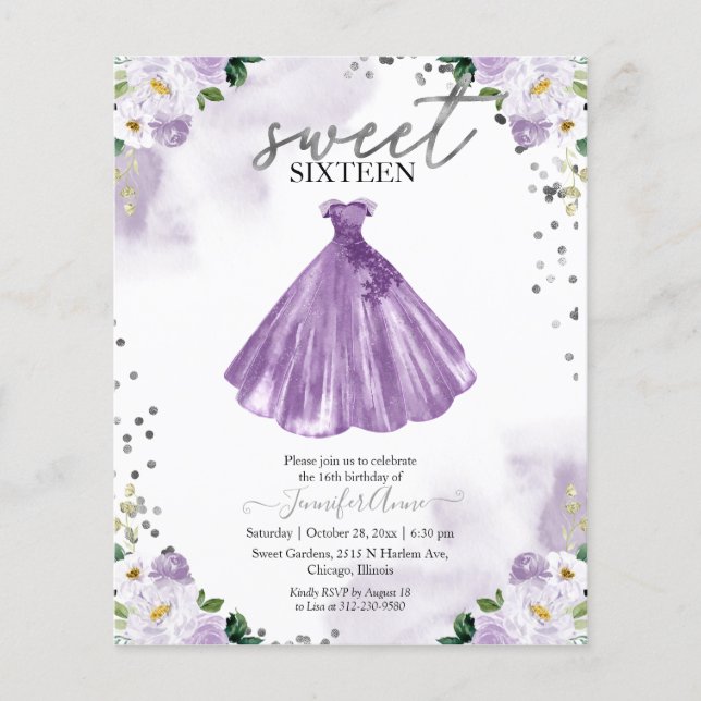 Invitation Budget Sweet 16 Robe Fleurie Violette (Devant)