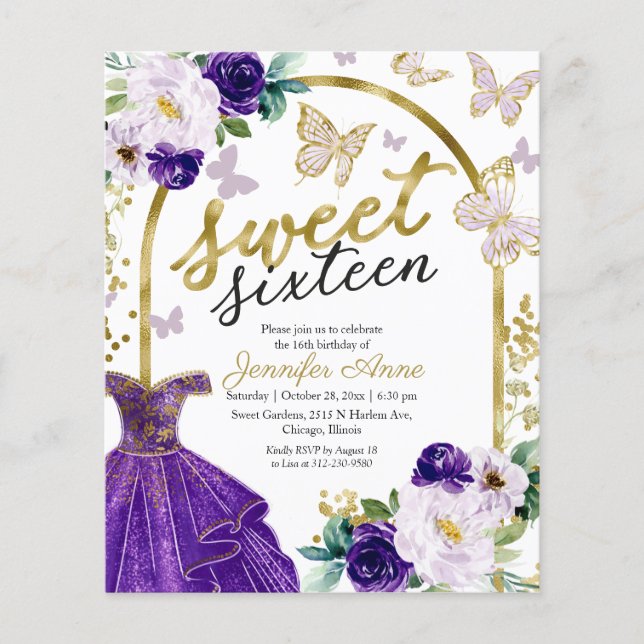 Invitation Budget Sweet 16 Robe Florale Papillon (Devant)