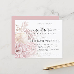 Invitation Budget Sweet Sixteen Fleurs roses poudr