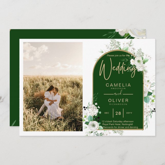 Invitation Budget Tout-en-1 Roses blanches Mariage vert Code  (Devant / Derrière)