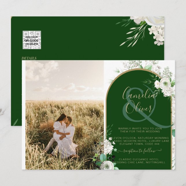 Invitation Budget Tout-en-1 Roses blanches Mariage vert Code  (Devant / Derrière)