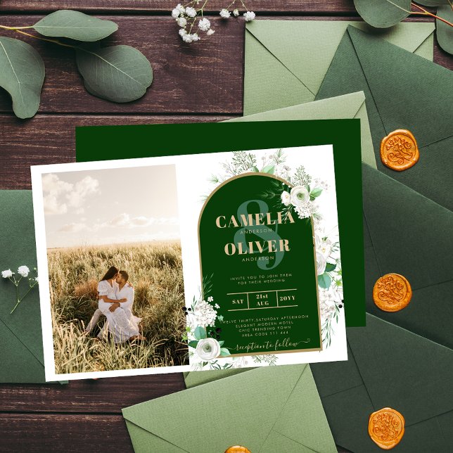 Invitation Budget Tout-en-1 Roses blanches Mariage vert Code  (Créateur téléchargé)