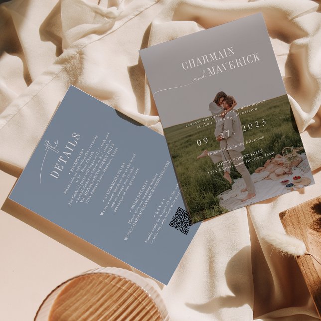 Invitation Budget tout en un + code QR Dusty Blue Mariage (Créateur téléchargé)